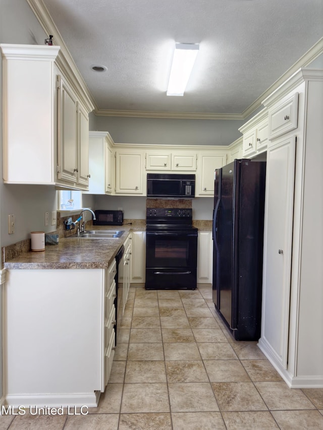 kitchen featuring crown molding, sink, black appliances, and a textured ceiling