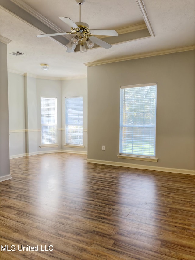 empty room with a wealth of natural light, ceiling fan, and dark hardwood / wood-style floors