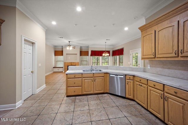 kitchen featuring ornamental molding, a peninsula, tasteful backsplash, a sink, and dishwasher