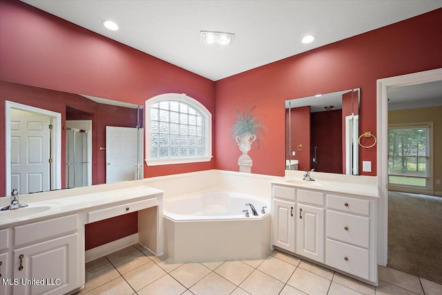 bathroom featuring vanity, separate shower and tub, and tile patterned flooring