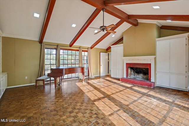 223 Hannah Dr, Clinton, MS 39056 - unfurnished living room with ceiling fan, baseboards, and a fireplace