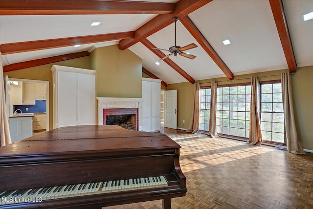 223 Hannah Dr, Clinton, MS 39056 - living room with ceiling fan, a fireplace, and baseboards