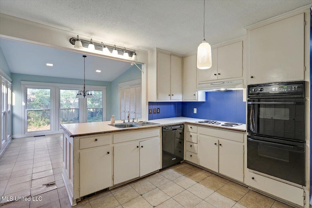 223 Hannah Dr, Clinton, MS 39056 - kitchen with black appliances, a sink, under cabinet range hood, light tile patterned floors, and a textured ceiling