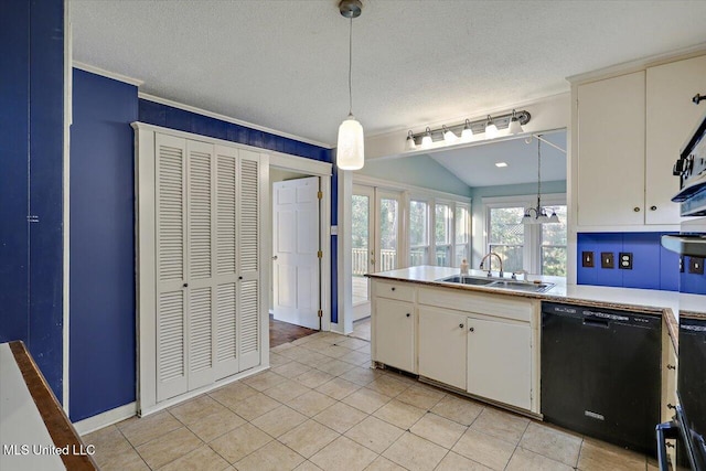 223 Hannah Dr, Clinton, MS 39056 - kitchen with black dishwasher, a sink, white cabinetry, pendant lighting, and lofted ceiling