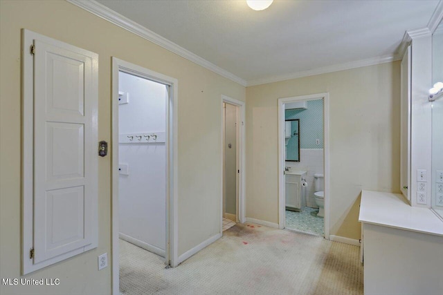 223 Hannah Dr, Clinton, MS 39056 - hallway with crown molding, light carpet, and baseboards