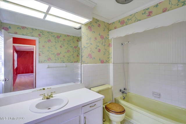 223 Hannah Dr, Clinton, MS 39056 - bathroom featuring wallpapered walls, crown molding, vanity, toilet, and  shower combination