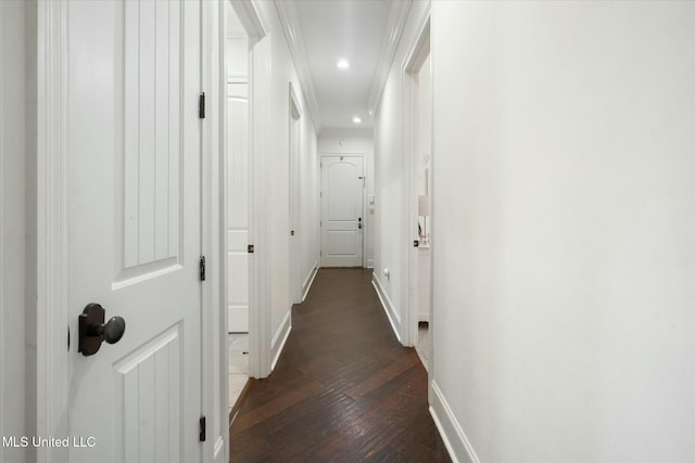 corridor featuring dark wood-type flooring