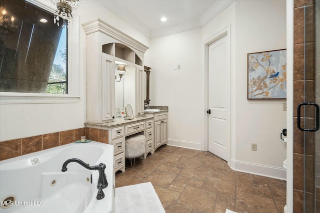 bathroom featuring vanity, separate shower and tub, and crown molding