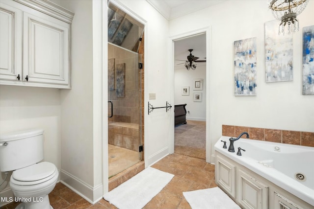 bathroom with separate shower and tub, ceiling fan, and toilet