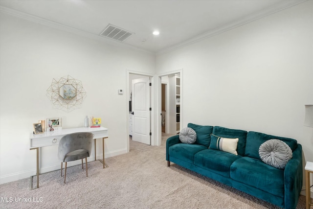 interior space with carpet and ornamental molding