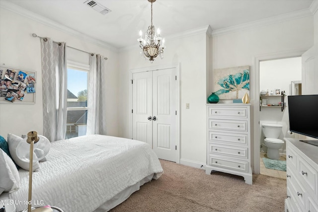 bedroom with light colored carpet, an inviting chandelier, a closet, and crown molding