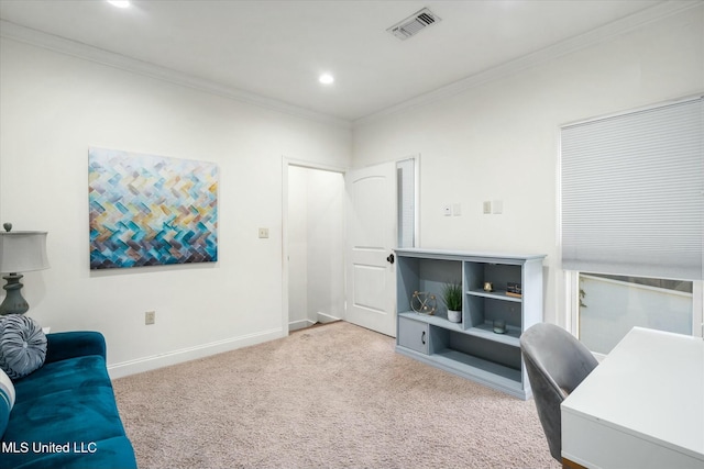 carpeted home office with crown molding