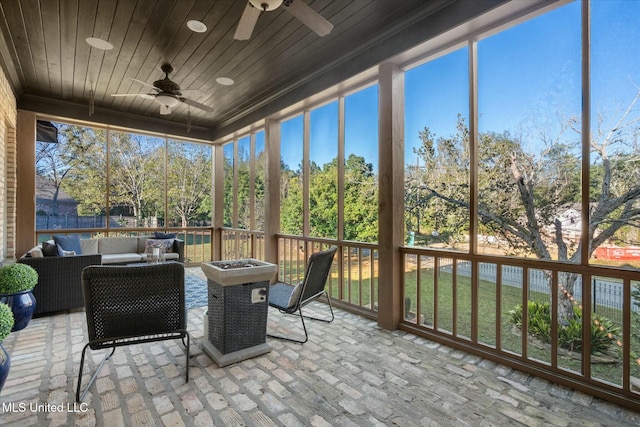 sunroom / solarium with ceiling fan and wood ceiling