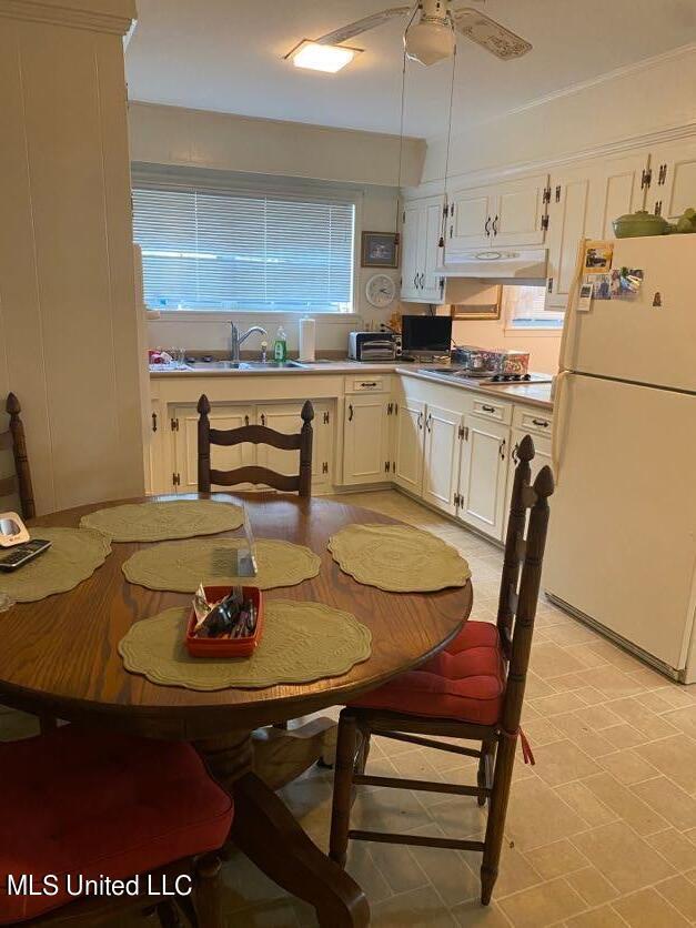 22 N Joliffe St, Eupora, MS 39744 - kitchen with freestanding refrigerator, under cabinet range hood, a wealth of natural light, and a sink