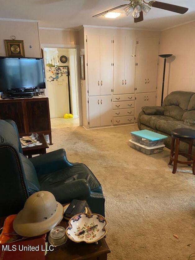22 N Joliffe St, Eupora, MS 39744 - living area featuring ceiling fan, ornamental molding, and carpet