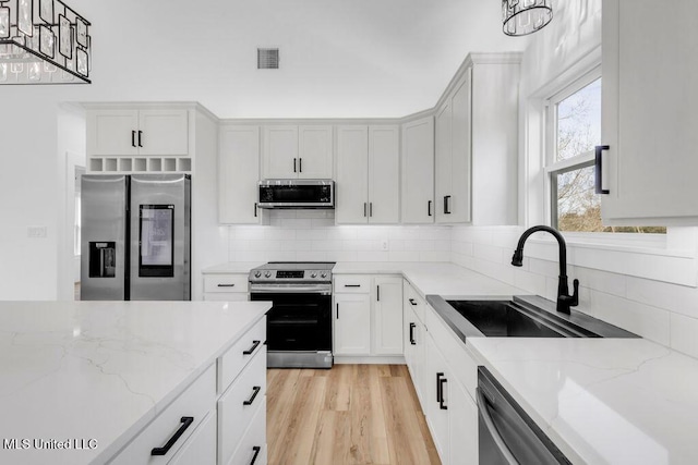 kitchen featuring white cabinetry, stainless steel appliances, a sink, and decorative light fixtures