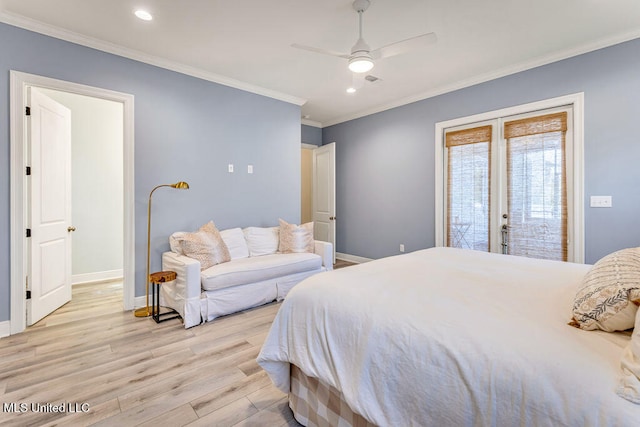 bedroom with crown molding, light hardwood / wood-style floors, access to outside, and ceiling fan