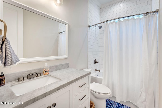 full bathroom featuring vanity, shower / bath combination with curtain, and toilet