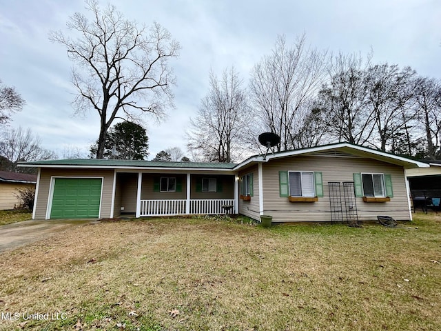 ranch-style house featuring a garage, a porch, and a front lawn