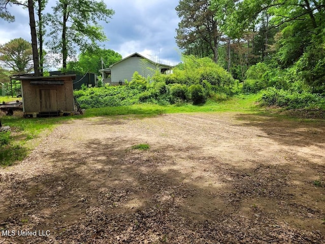 view of yard featuring an outdoor structure and a shed
