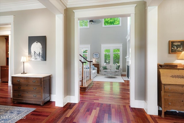 5264 Chappel Cv, Olive Branch, MS 38654 - entrance foyer with dark wood-style flooring, stairway, a fireplace, crown molding, and baseboards
