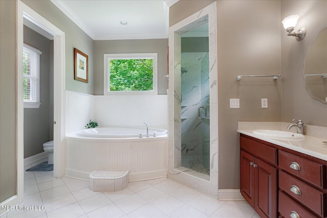 5264 Chappel Cv, Olive Branch, MS 38654 - bathroom featuring a stall shower, a garden tub, toilet, ornamental molding, and tile patterned floors