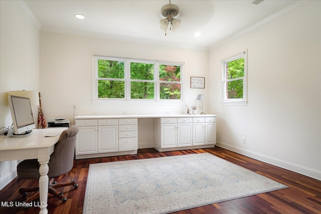 5264 Chappel Cv, Olive Branch, MS 38654 - office featuring healthy amount of natural light, crown molding, baseboards, dark wood-style flooring, and recessed lighting