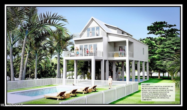 26466 W Beach Blvd Lot 12, Pass Christian, MS 39571 - back of house with a balcony, a fenced backyard, and an outdoor pool