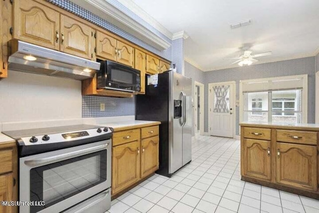 kitchen featuring backsplash, ceiling fan, stainless steel appliances, crown molding, and light tile patterned floors