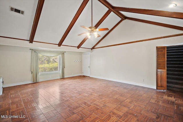 5123 Forest Hill Rd, Byram, MS 39272 - unfurnished living room featuring a ceiling fan, baseboards, high vaulted ceiling, and beamed ceiling