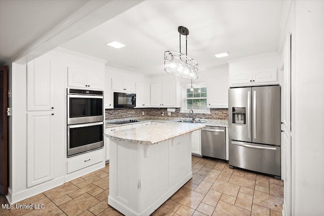 5123 Forest Hill Rd, Byram, MS 39272 - kitchen featuring black appliances, a sink, decorative backsplash, white cabinets, and ornamental molding