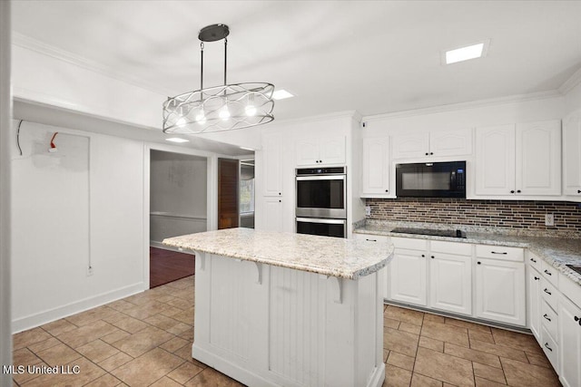 5123 Forest Hill Rd, Byram, MS 39272 - kitchen with black appliances, stone finish flooring, backsplash, white cabinetry, and crown molding