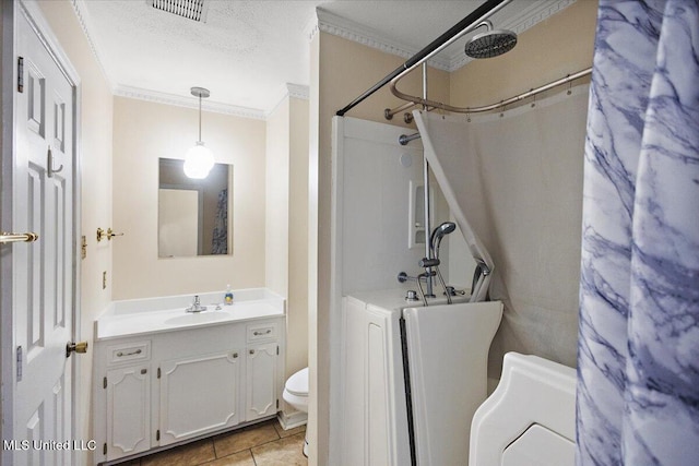 5123 Forest Hill Rd, Byram, MS 39272 - bathroom with toilet, a shower with curtain, vanity, ornamental molding, and tile patterned flooring