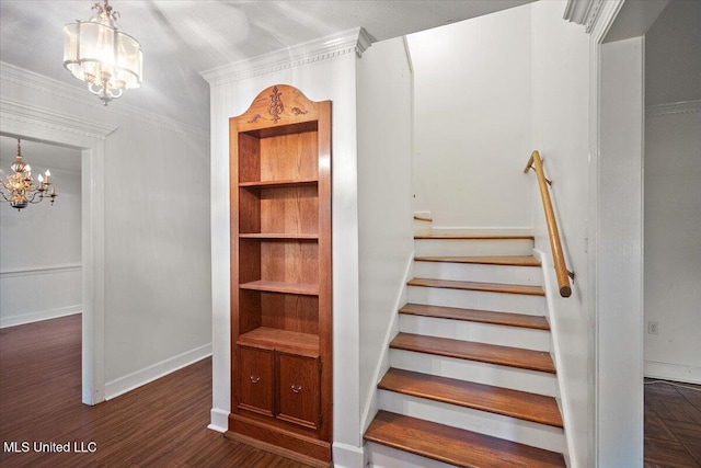 5123 Forest Hill Rd, Byram, MS 39272 - stairway featuring a chandelier, baseboards, wood finished floors, and crown molding