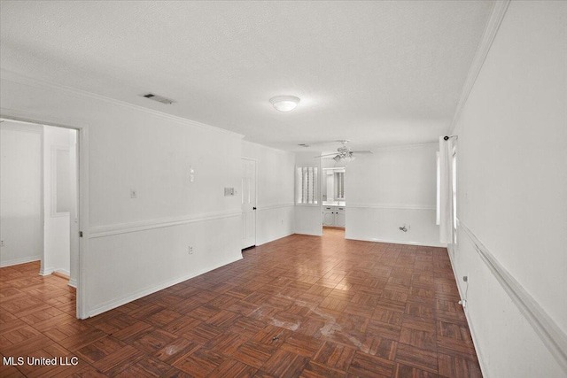 5123 Forest Hill Rd, Byram, MS 39272 - empty room with a textured ceiling, ceiling fan, baseboards, and crown molding