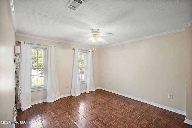 5123 Forest Hill Rd, Byram, MS 39272 - spare room with a ceiling fan, a textured ceiling, baseboards, and ornamental molding