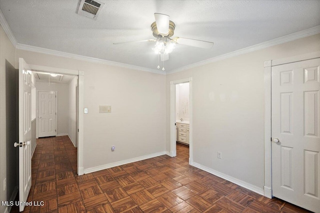 5123 Forest Hill Rd, Byram, MS 39272 - unfurnished bedroom with attic access, baseboards, ornamental molding, and a ceiling fan