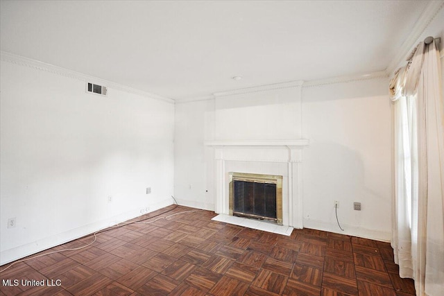 5123 Forest Hill Rd, Byram, MS 39272 - unfurnished living room featuring a fireplace with flush hearth, ornamental molding, and baseboards