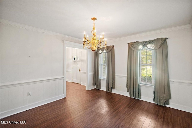 5123 Forest Hill Rd, Byram, MS 39272 - unfurnished room featuring a chandelier, hardwood / wood-style flooring, wainscoting, crown molding, and a decorative wall