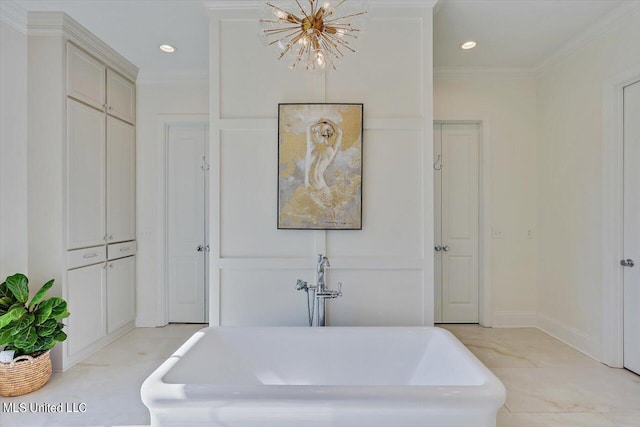 bedroom featuring a notable chandelier and ornamental molding