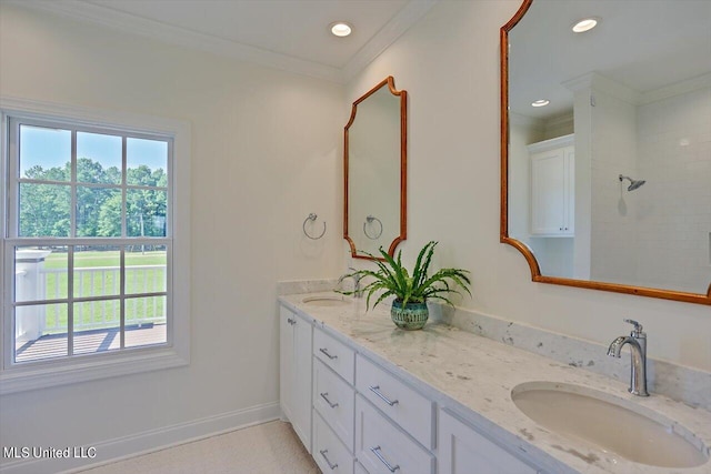 bathroom featuring vanity, ornamental molding, and a shower