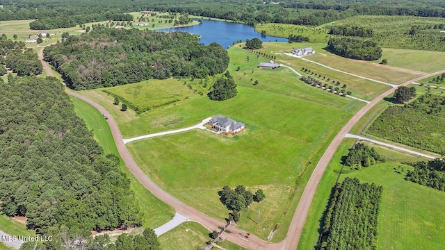 aerial view with a water view and a rural view