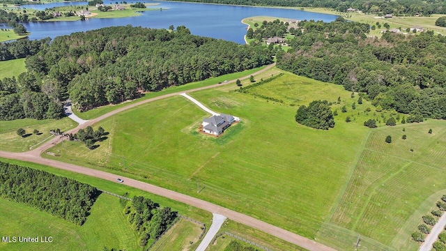 drone / aerial view featuring a water view and a rural view