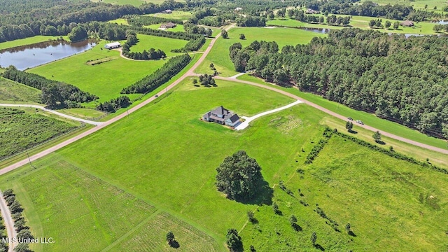 bird's eye view featuring a water view and a rural view