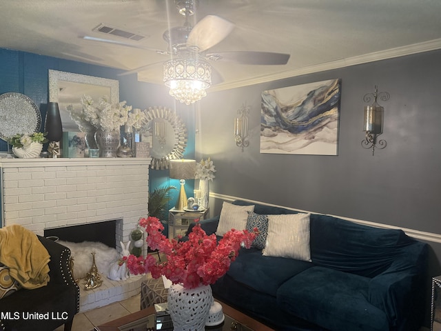 434 Boehle St, Pearl, MS 39208 - living room featuring ornamental molding, a ceiling fan, and a fireplace