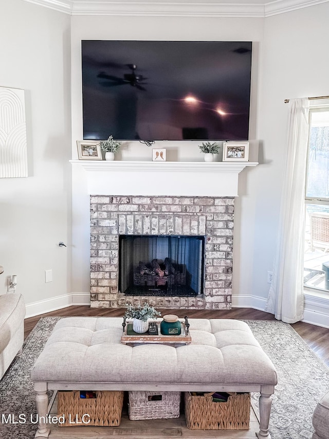 interior details with ornamental molding, a fireplace, wood finished floors, and baseboards