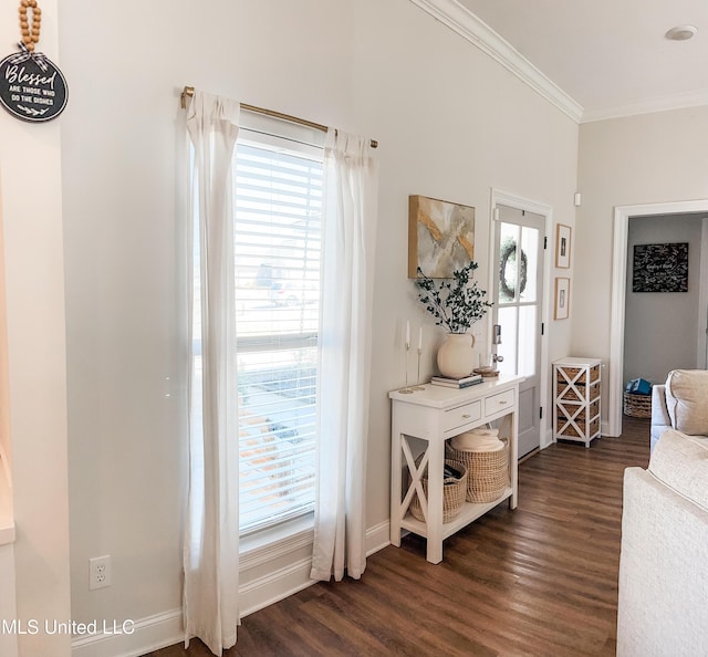 sitting room featuring ornamental molding, dark wood finished floors, and a wealth of natural light