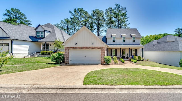 150 Pine Ridge Cir, Brandon, MS 39047 - view of front of house featuring a front lawn, board and batten siding, a porch, a garage, and brick siding
