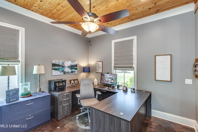 150 Pine Ridge Cir, Brandon, MS 39047 - office space with baseboards, finished concrete flooring, wooden ceiling, and ceiling fan
