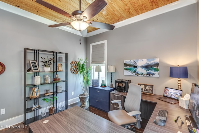 150 Pine Ridge Cir, Brandon, MS 39047 - home office with wooden ceiling, baseboards, dark wood-style floors, and a ceiling fan
